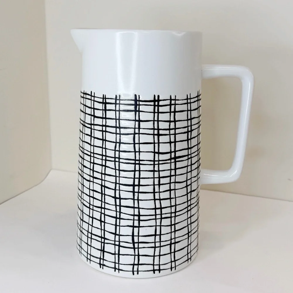 Pier 1 Imports Retired Ceramic Pitcher MCM Retro Off White Black Cross Hatch